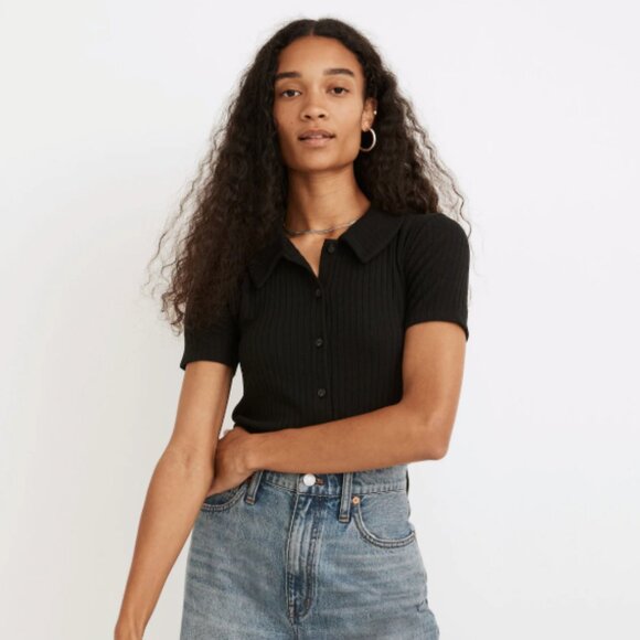 Madewell Tops - Madewell Shirt Womens Large Black Short Sleeve Ribbed Knit Polo Button Front Top
